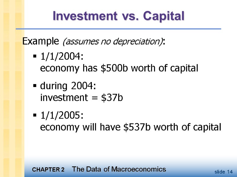 Investment vs. Capital Example (assumes no depreciation):   1/1/2004:   economy has